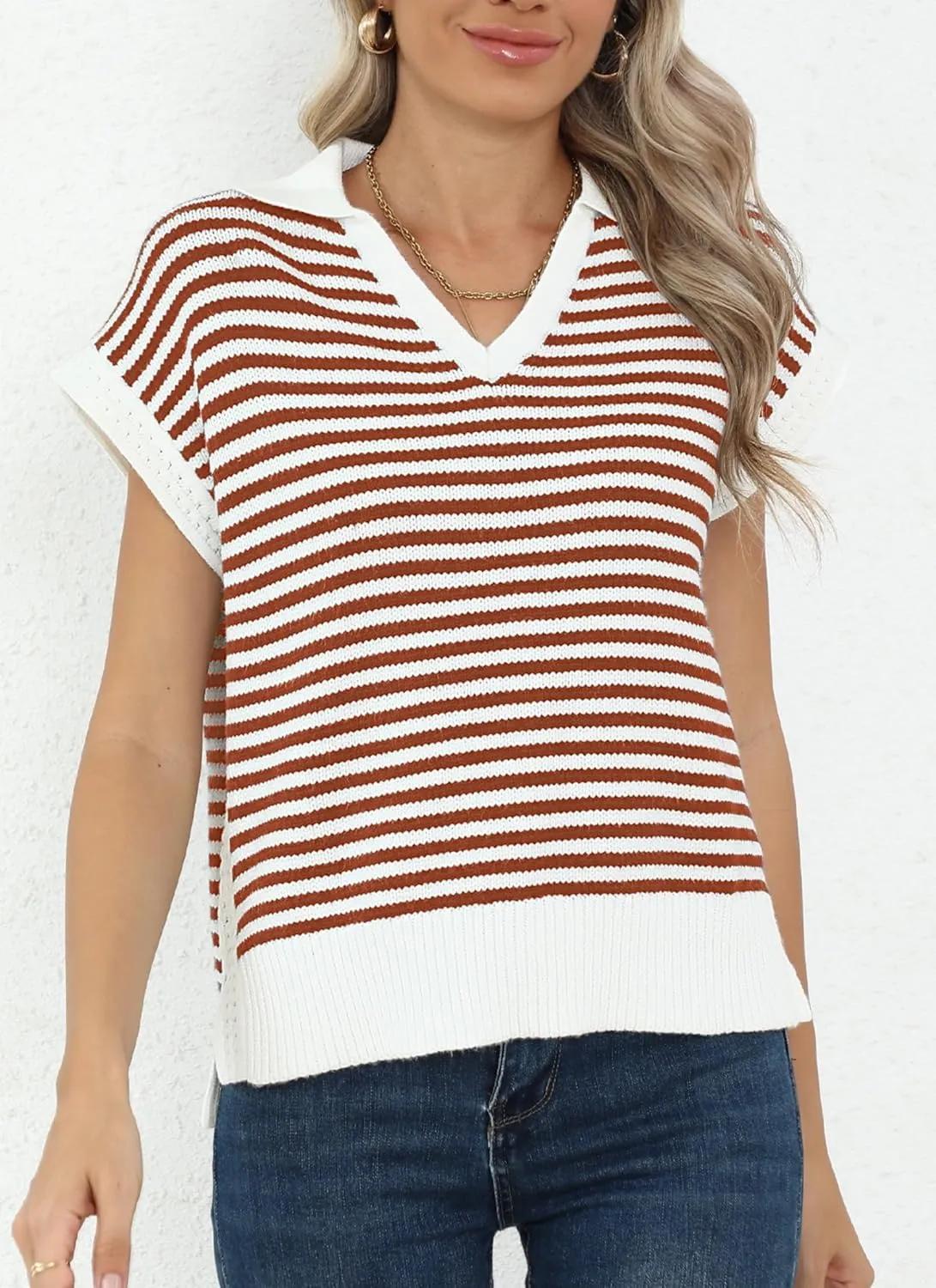 Summer Sweater Vest for Women Knit Sleeveless Striped Johnny Collar Pullover Tank Tops V Neck Cap Sleeve Blouse