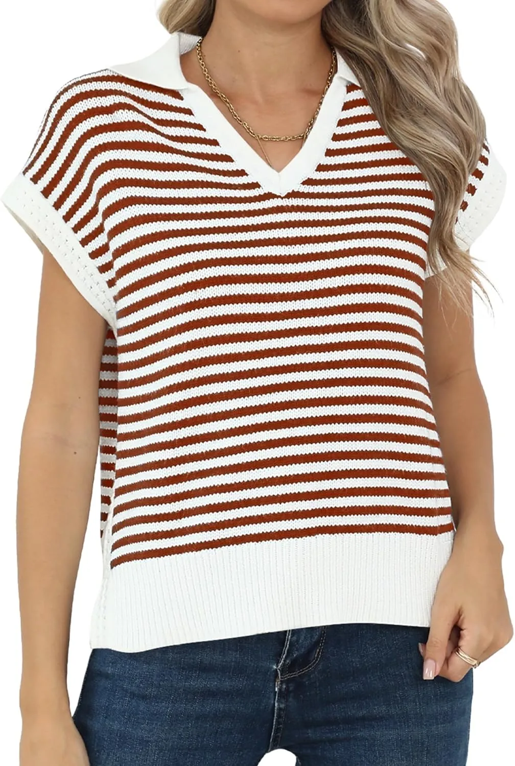 Summer Sweater Vest for Women Knit Sleeveless Striped Johnny Collar Pullover Tank Tops V Neck Cap Sleeve Blouse