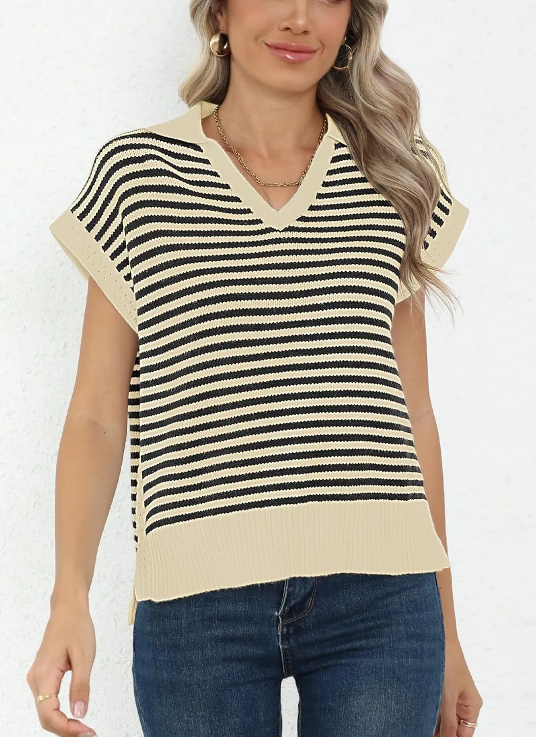 Summer Sweater Vest for Women Knit Sleeveless Striped Johnny Collar Pullover Tank Tops V Neck Cap Sleeve Blouse