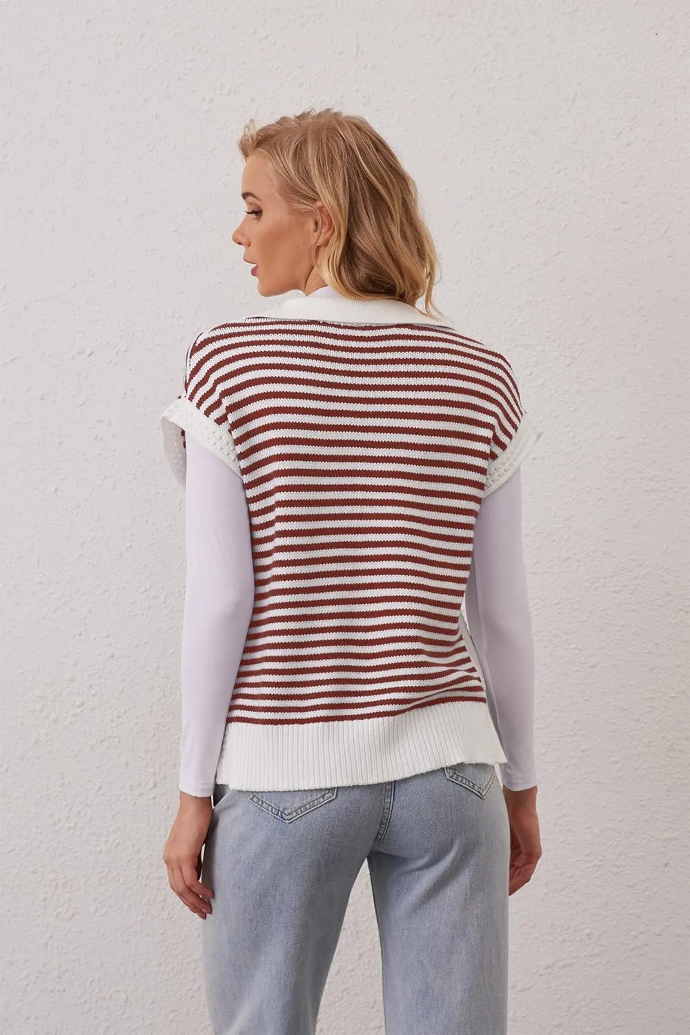 Summer Sweater Vest for Women Knit Sleeveless Striped Johnny Collar Pullover Tank Tops V Neck Cap Sleeve Blouse