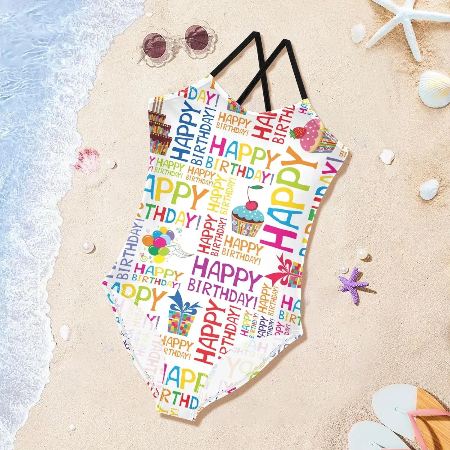 susiyo Happy Birthday Seamless Girls One Piece Swimsuits Quick Dry Swimwear Bathing Suit for Beach 3-10 T