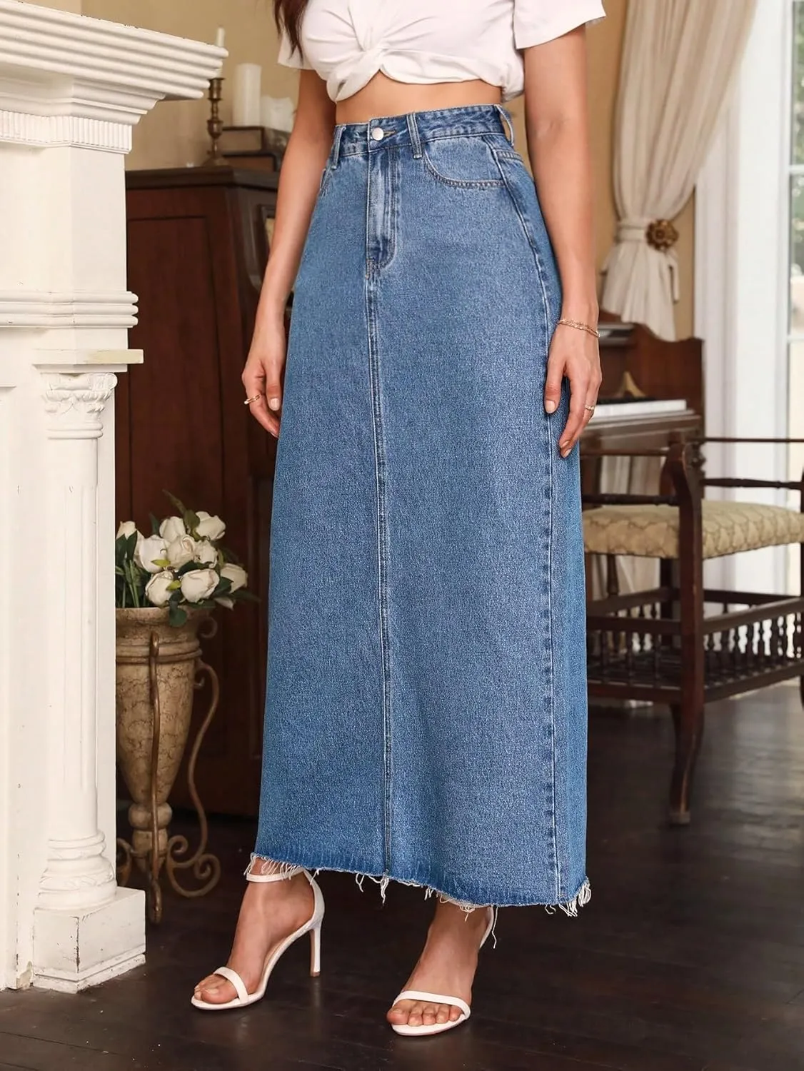 SweatyRocks Women's Casual High Waist Split Back Jean Skirt Long Denim Skirts with Pocket