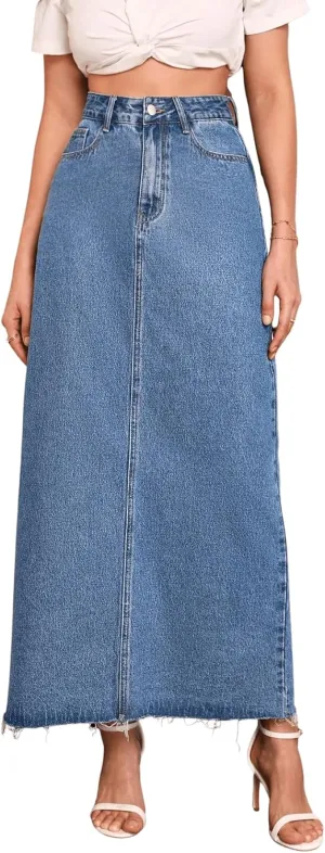 SweatyRocks Women's Casual High Waist Split Back Jean Skirt Long Denim Skirts with Pocket