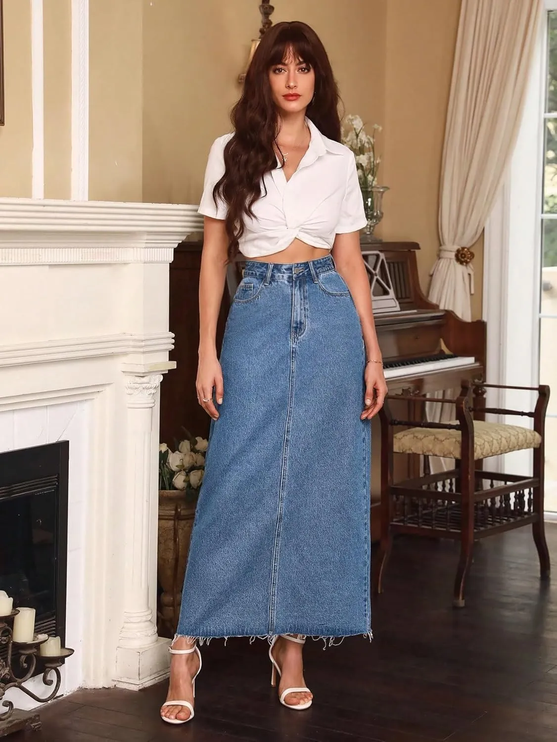 SweatyRocks Women's Casual High Waist Split Back Jean Skirt Long Denim Skirts with Pocket