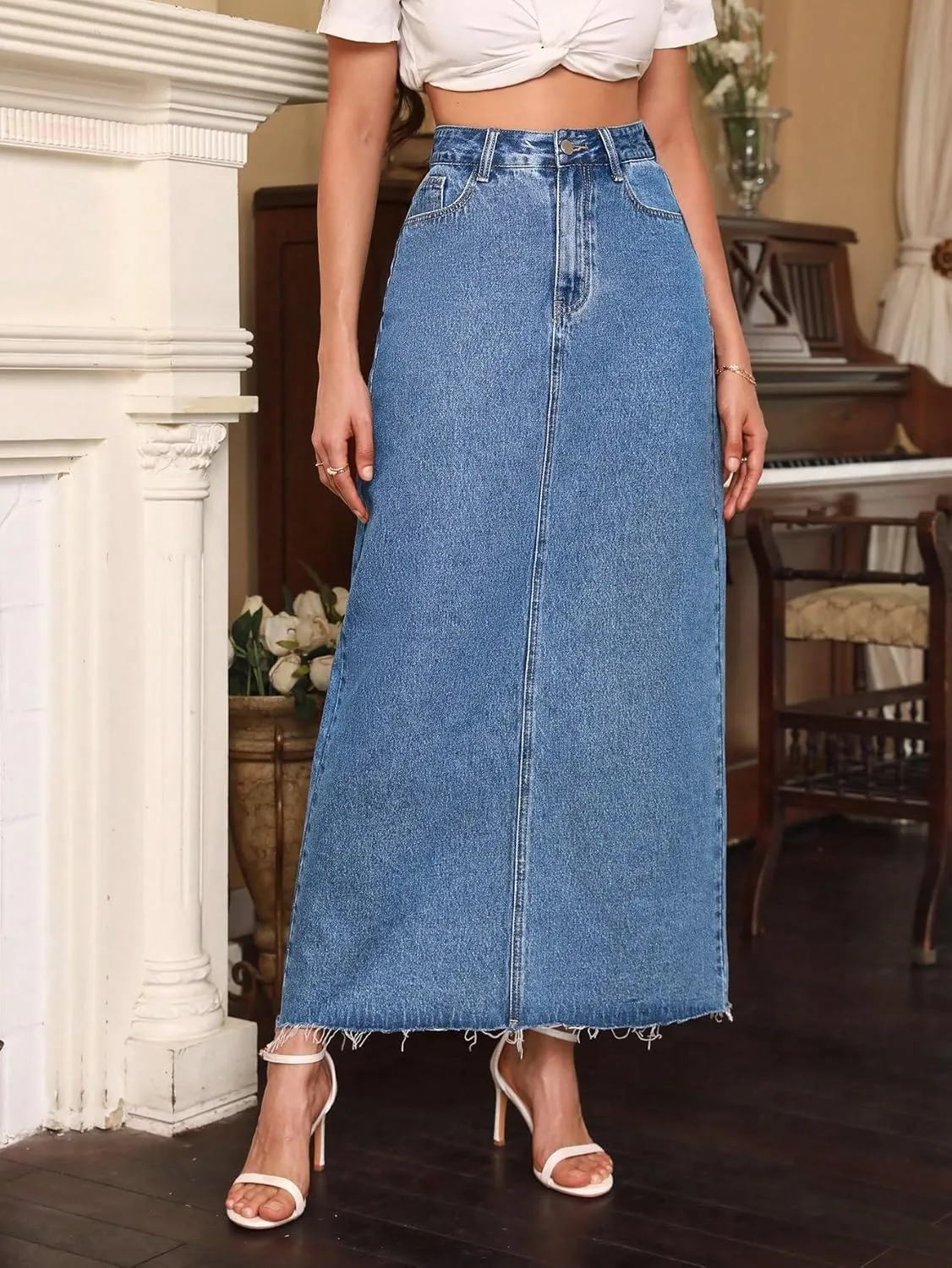 SweatyRocks Women's Casual High Waist Split Back Jean Skirt Long Denim Skirts with Pocket