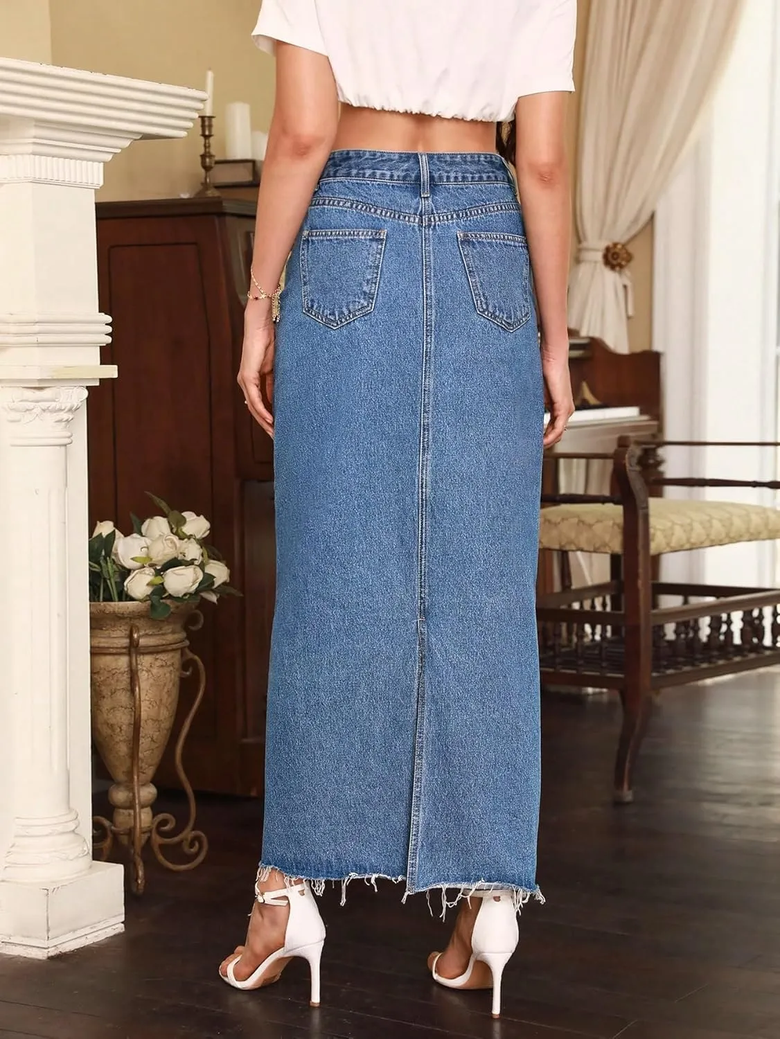 SweatyRocks Women's Casual High Waist Split Back Jean Skirt Long Denim Skirts with Pocket