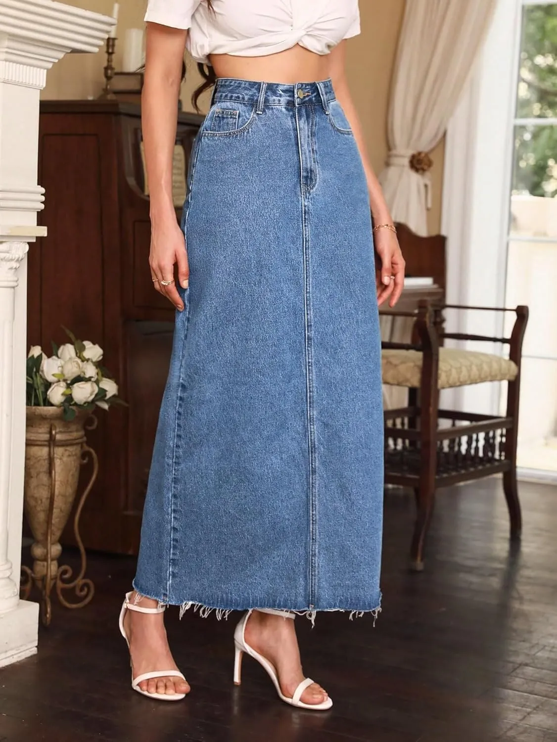 SweatyRocks Women's Casual High Waist Split Back Jean Skirt Long Denim Skirts with Pocket