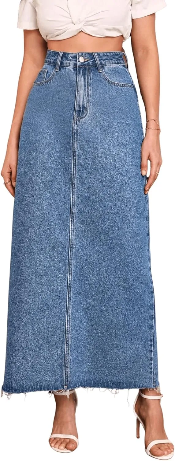 SweatyRocks Women's Casual High Waist Split Back Jean Skirt Long Denim Skirts with Pocket
