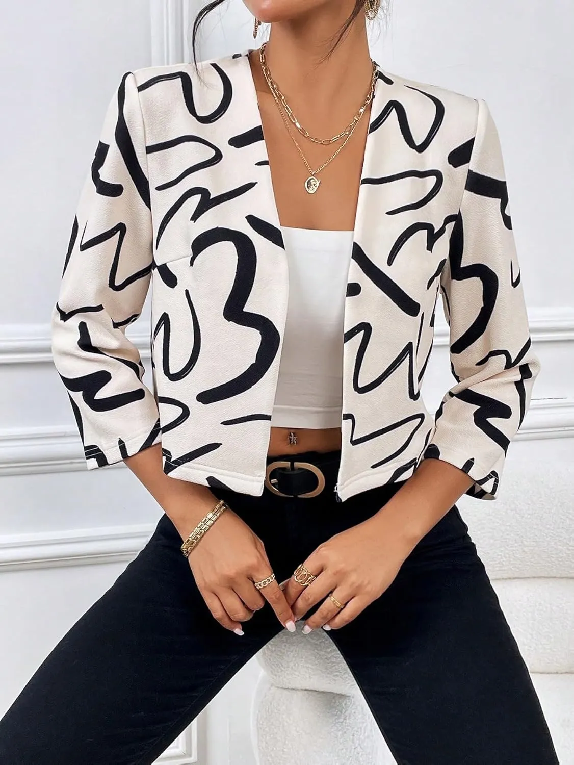 SweatyRocks Women's Graphic Printed 3/4 Sleeve Open Front Crop Jacket Casual Lightweight Cardigan Jackets Work Office Blazers