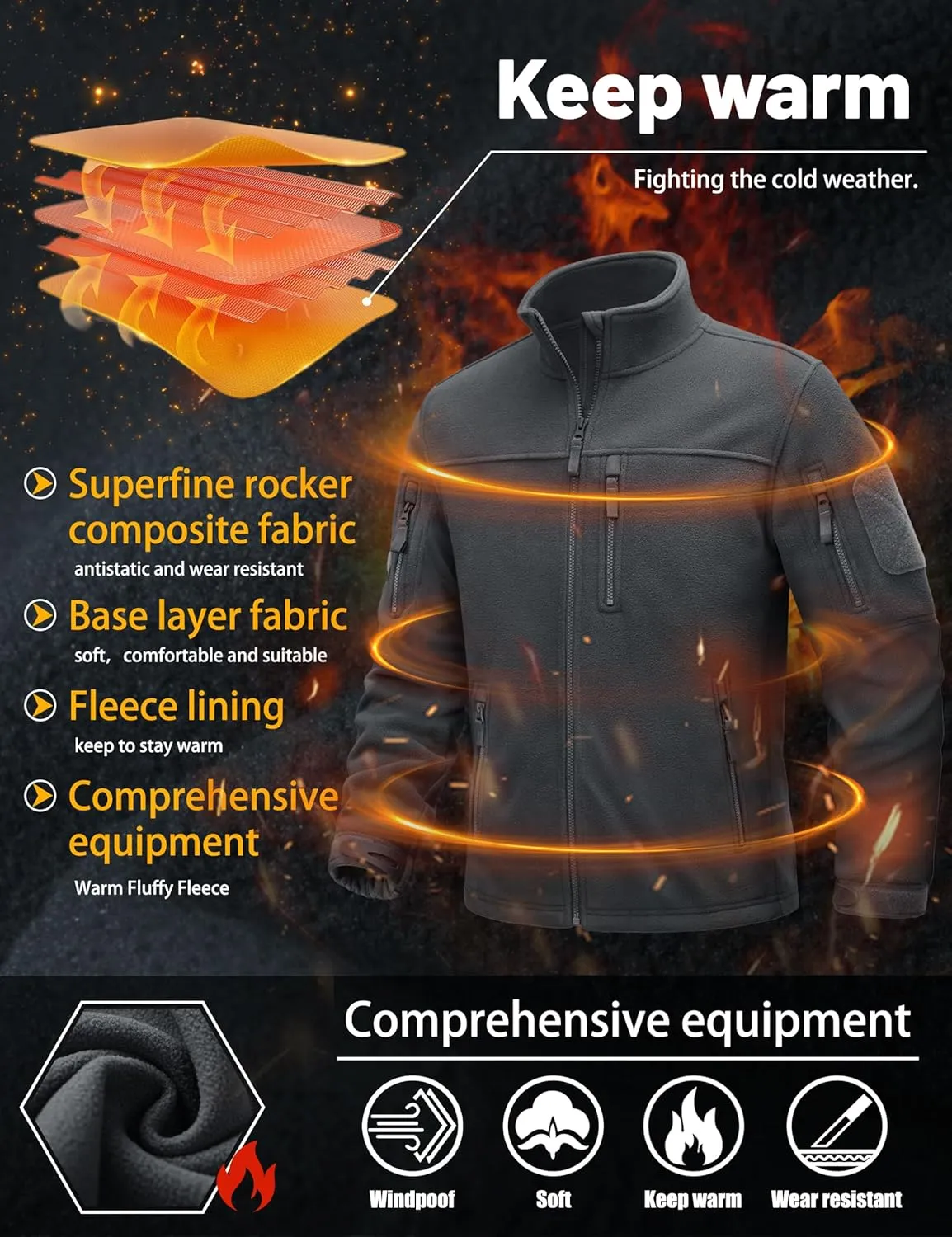 TACVASEN Men's Fleece Jacket Full Zip Winter Jacket Lightweight Tactical Jackets Outdoor Hiking Coats with Pockets