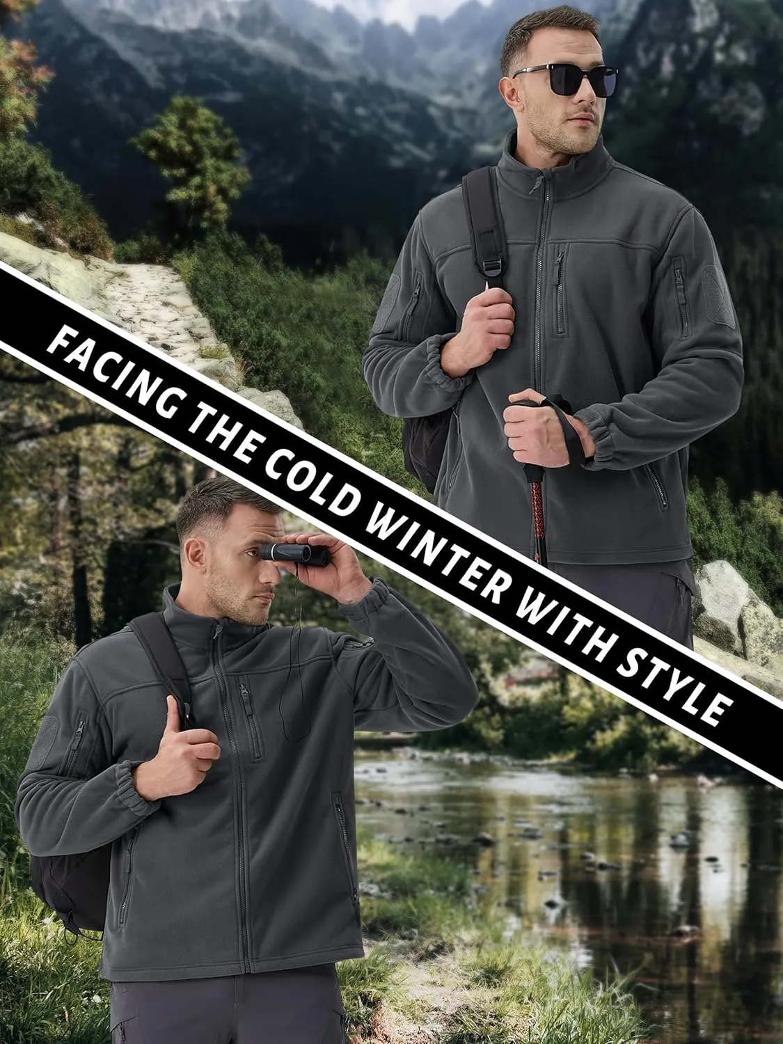 TACVASEN Men's Fleece Jacket Full Zip Winter Jacket Lightweight Tactical Jackets Outdoor Hiking Coats with Pockets