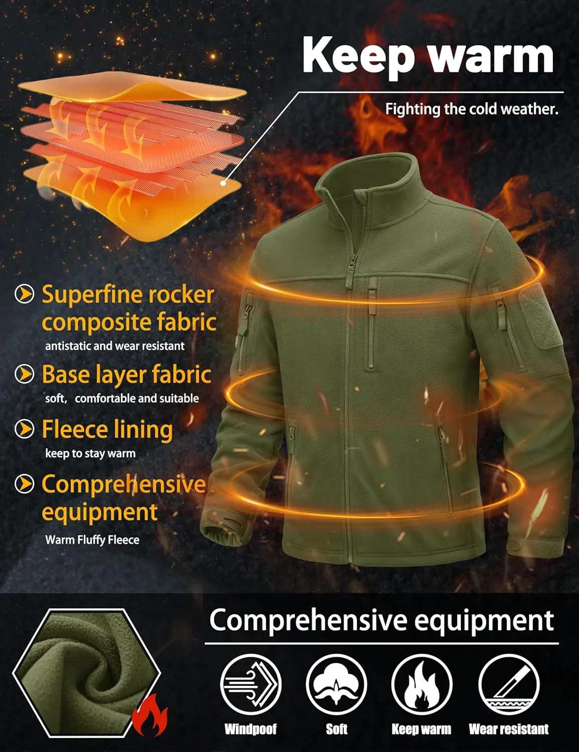 TACVASEN Men's Fleece Jacket Full Zip Winter Jacket Lightweight Tactical Jackets Outdoor Hiking Coats with Pockets