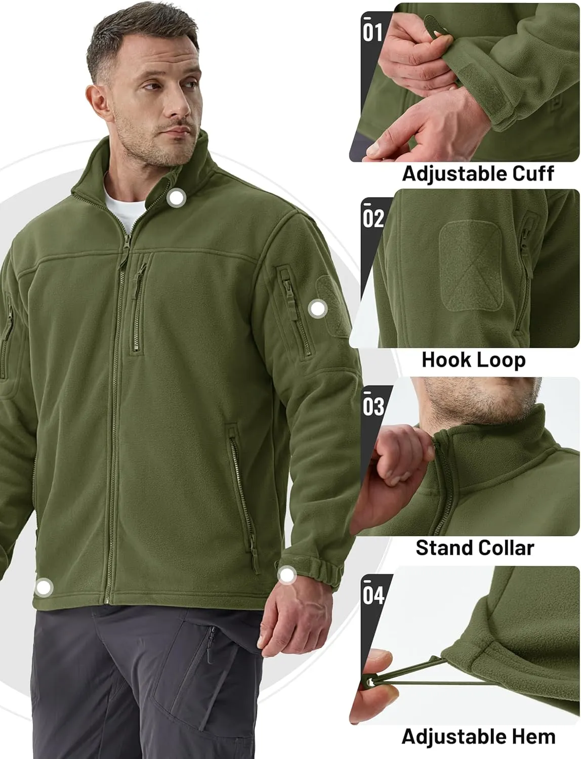 TACVASEN Men's Fleece Jacket Full Zip Winter Jacket Lightweight Tactical Jackets Outdoor Hiking Coats with Pockets