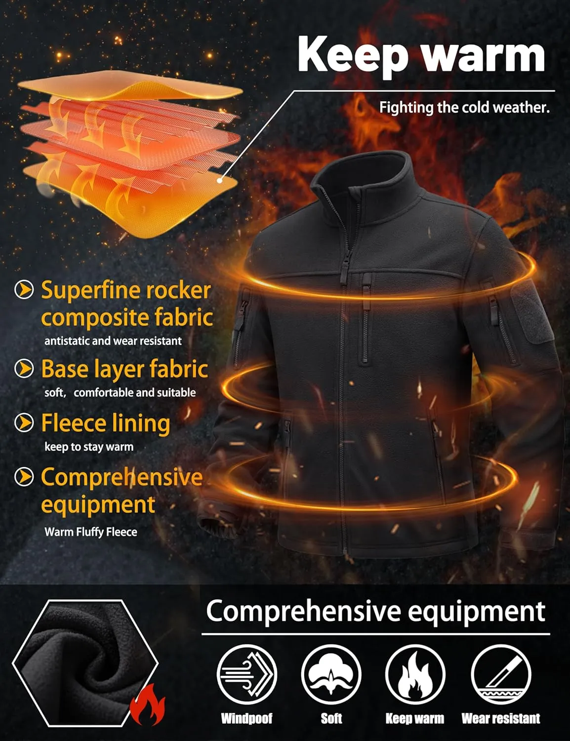 TACVASEN Men's Fleece Jacket Full Zip Winter Jacket Lightweight Tactical Jackets Outdoor Hiking Coats with Pockets