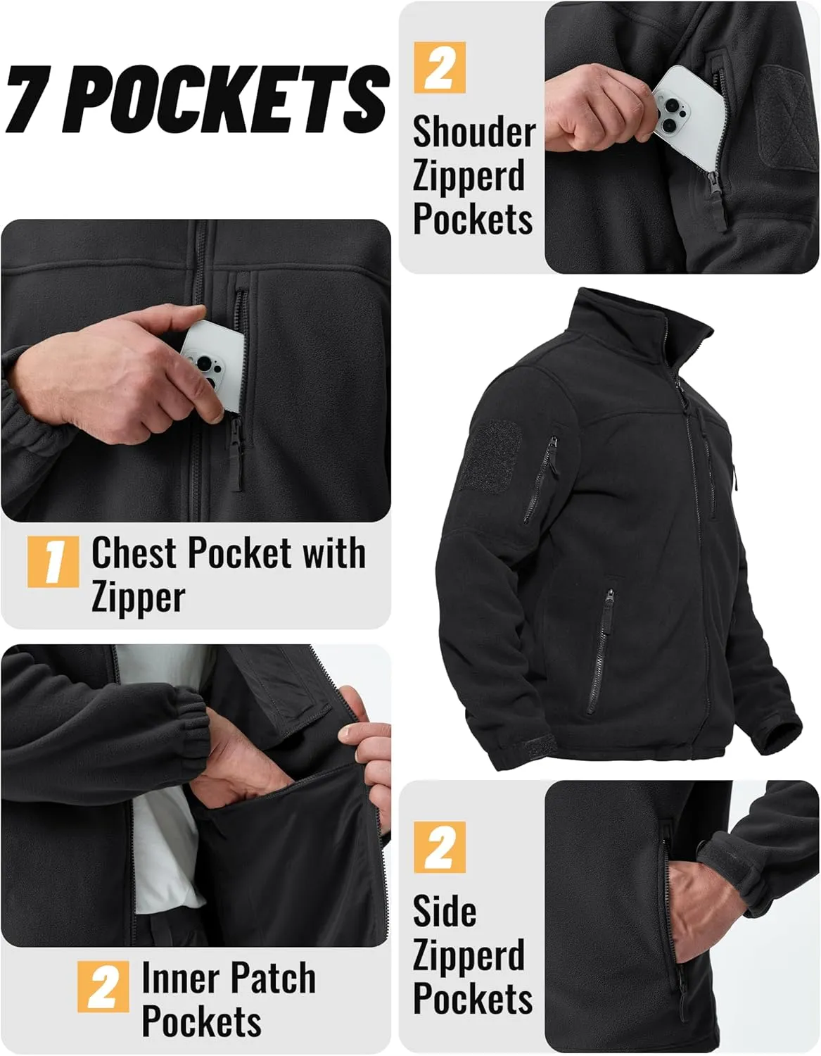 TACVASEN Men's Fleece Jacket Full Zip Winter Jacket Lightweight Tactical Jackets Outdoor Hiking Coats with Pockets