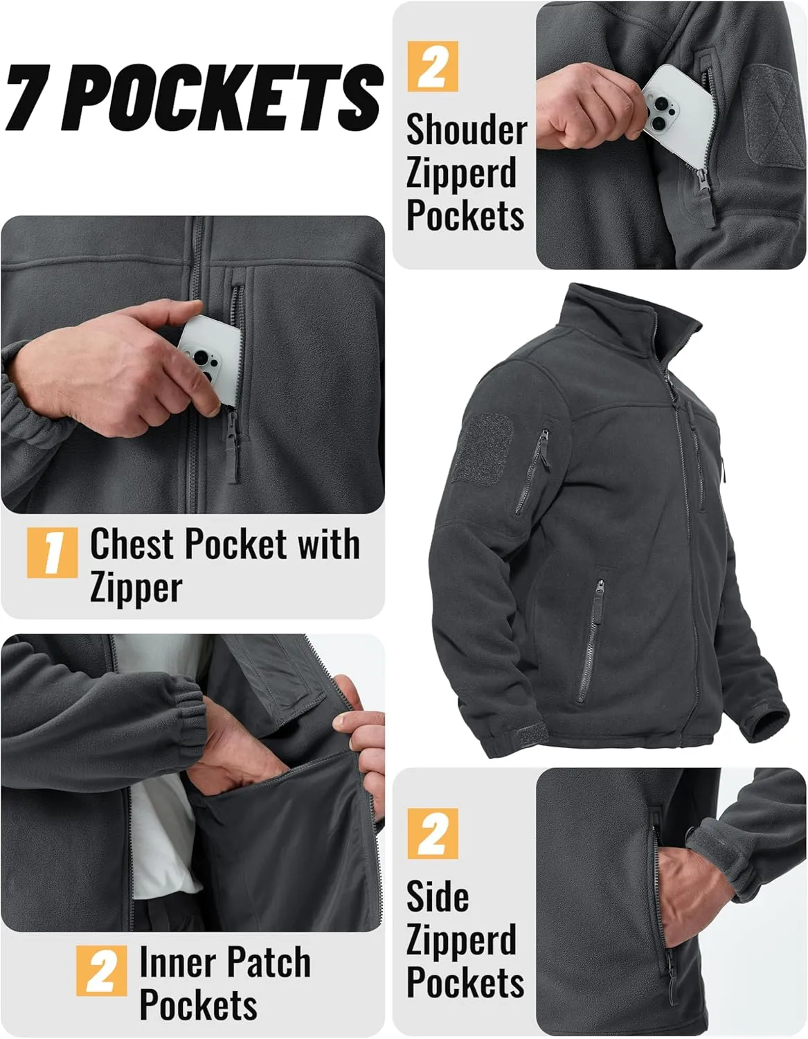 TACVASEN Men's Fleece Jacket Full Zip Winter Jacket Lightweight Tactical Jackets Outdoor Hiking Coats with Pockets