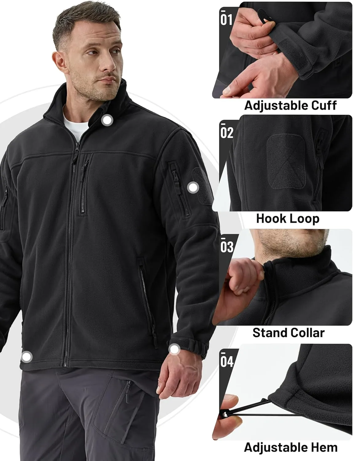 TACVASEN Men's Fleece Jacket Full Zip Winter Jacket Lightweight Tactical Jackets Outdoor Hiking Coats with Pockets