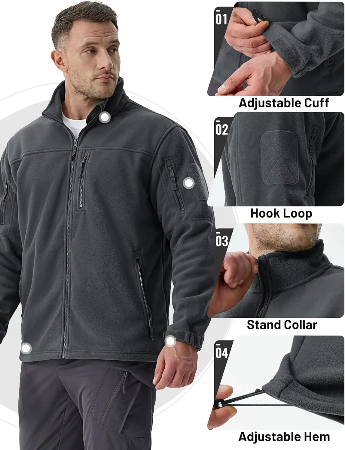 TACVASEN Men's Fleece Jacket Full Zip Winter Jacket Lightweight Tactical Jackets Outdoor Hiking Coats with Pockets