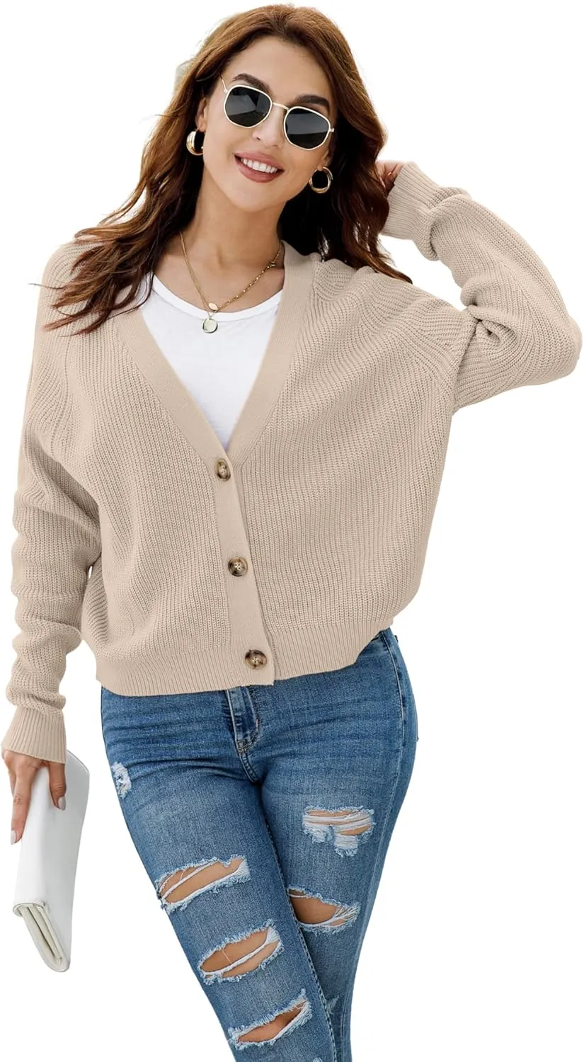 TASAMO Women's Long Sleeve Knit Sweater Open Front Cardigan Button Loose Outerwear
