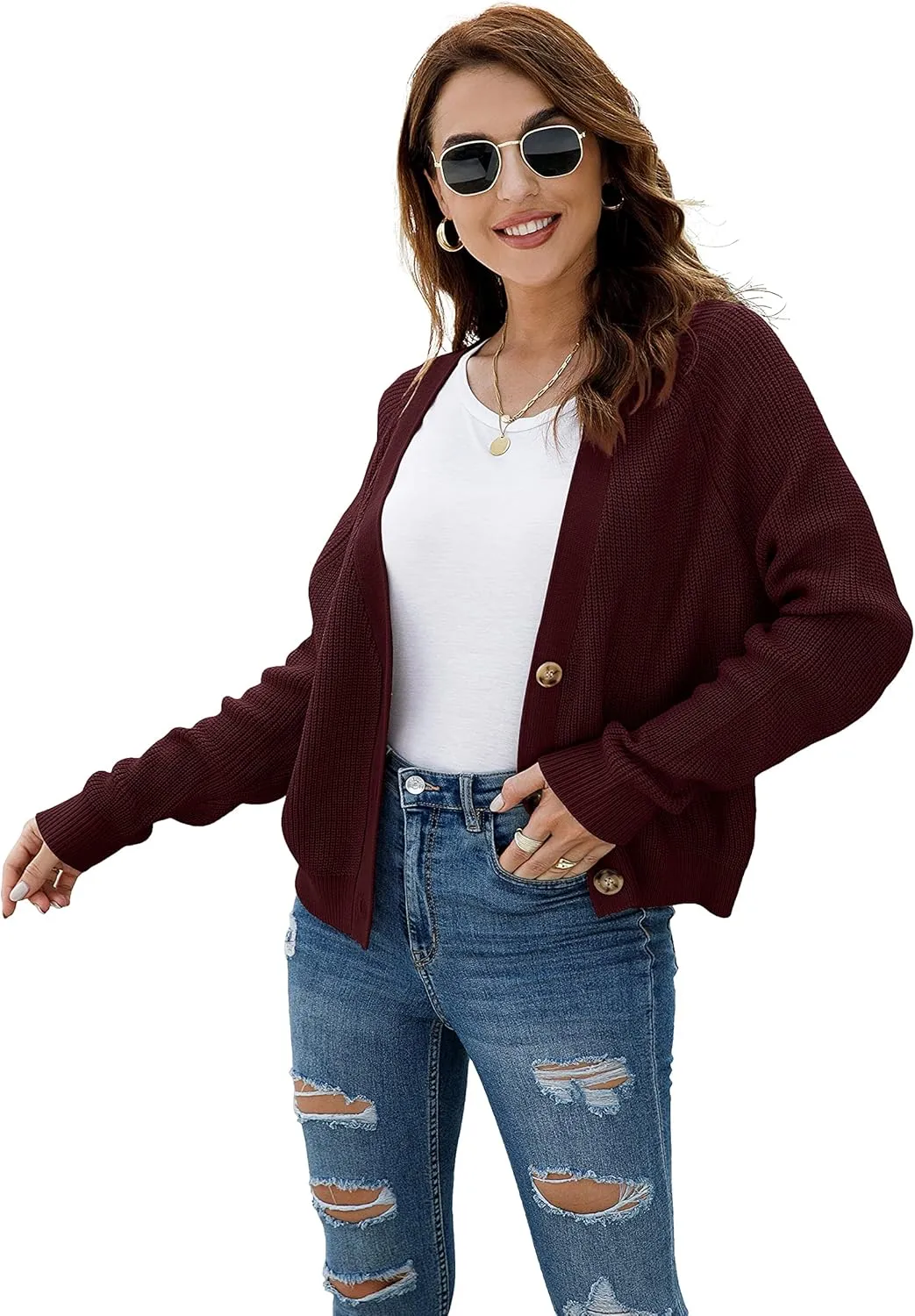 TASAMO Women's Long Sleeve Knit Sweater Open Front Cardigan Button Loose Outerwear