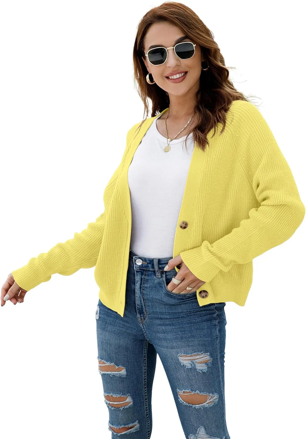 TASAMO Women's Long Sleeve Knit Sweater Open Front Cardigan Button Loose Outerwear