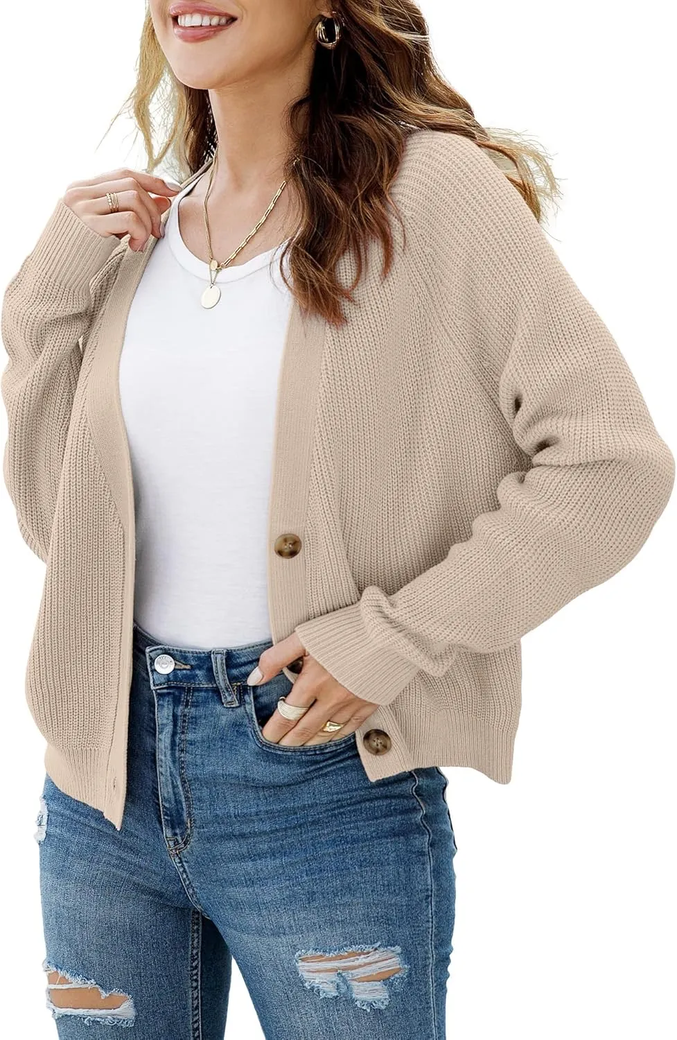 TASAMO Women's Long Sleeve Knit Sweater Open Front Cardigan Button Loose Outerwear