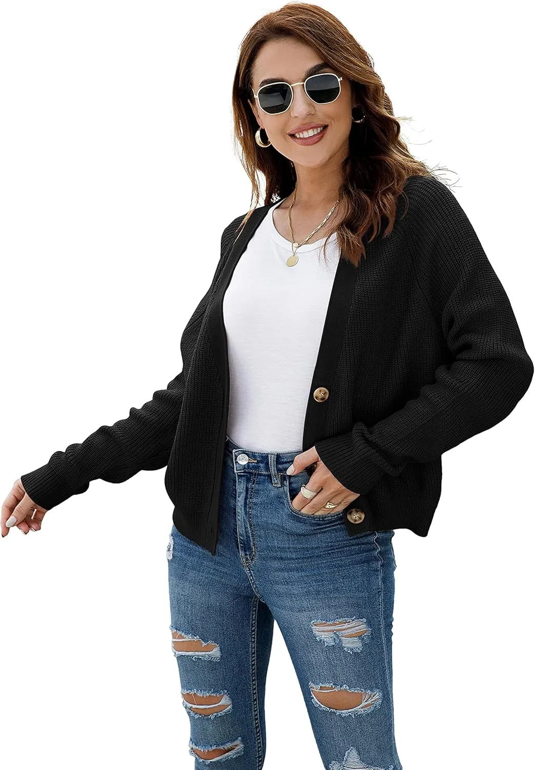 TASAMO Women's Long Sleeve Knit Sweater Open Front Cardigan Button Loose Outerwear