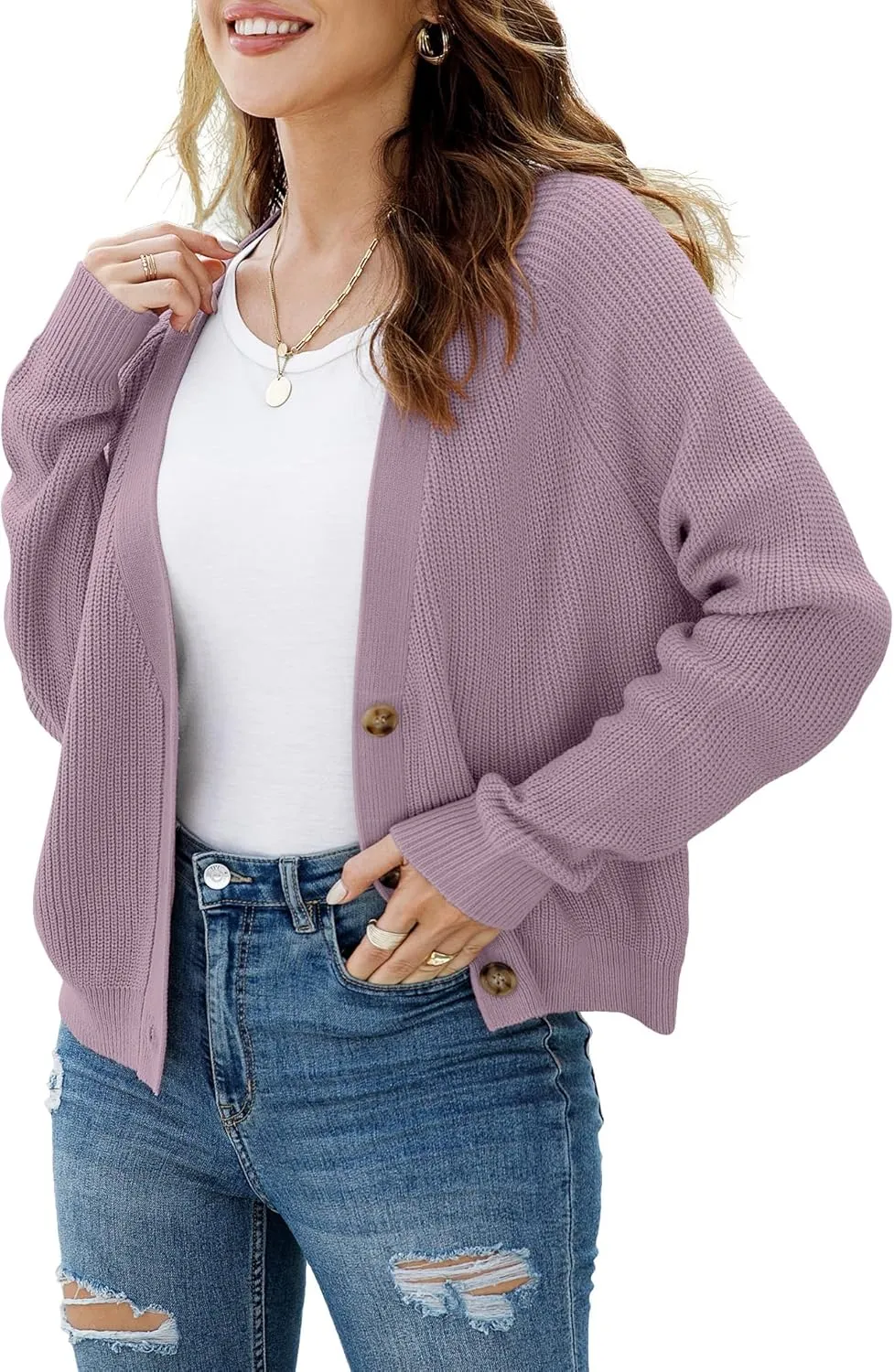 TASAMO Women's Long Sleeve Knit Sweater Open Front Cardigan Button Loose Outerwear