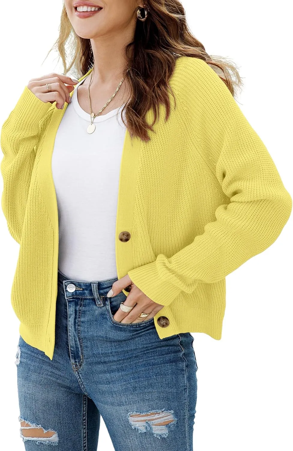 TASAMO Women's Long Sleeve Knit Sweater Open Front Cardigan Button Loose Outerwear