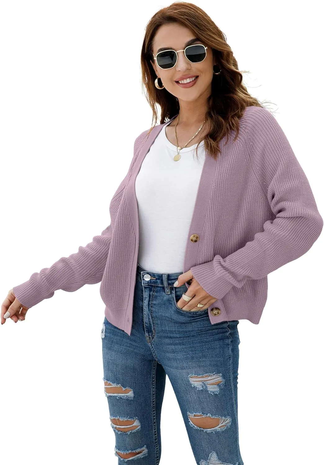 TASAMO Women's Long Sleeve Knit Sweater Open Front Cardigan Button Loose Outerwear