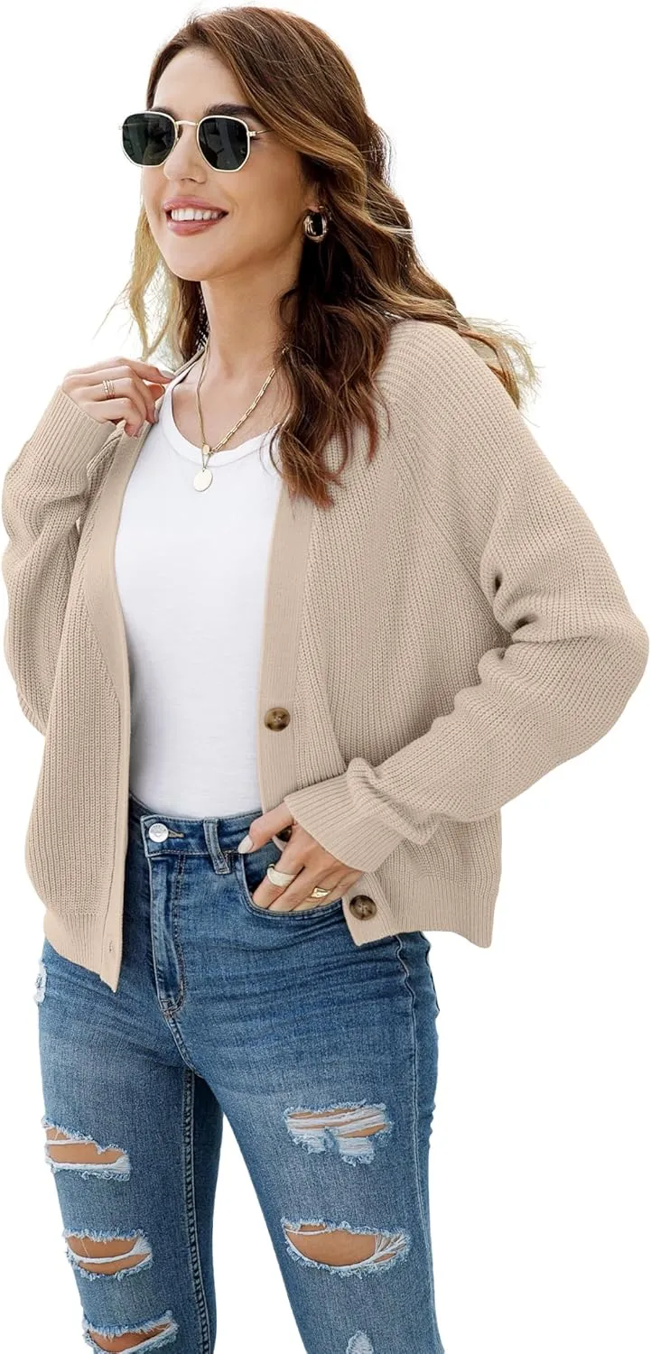 TASAMO Women's Long Sleeve Knit Sweater Open Front Cardigan Button Loose Outerwear