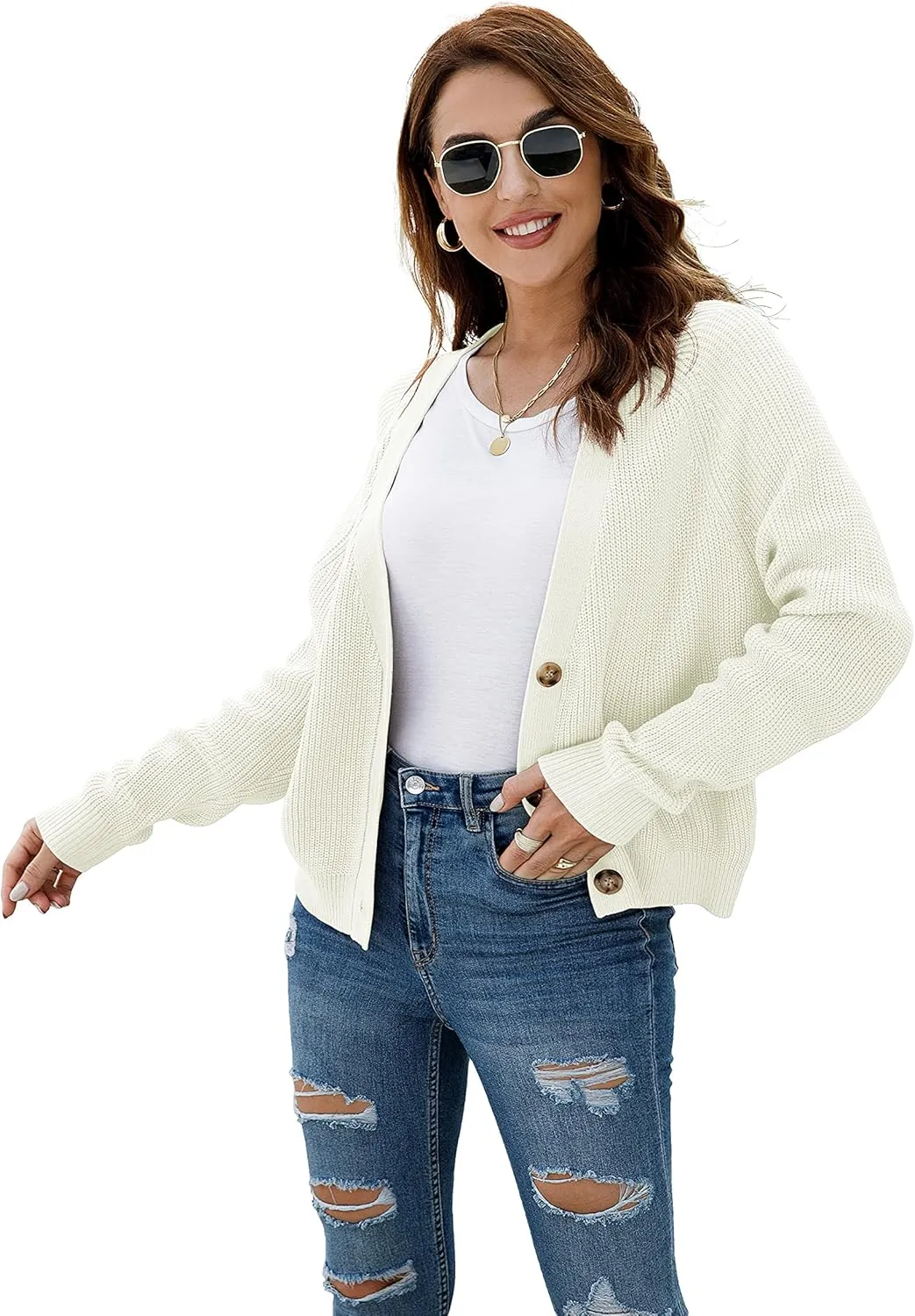 TASAMO Women's Long Sleeve Knit Sweater Open Front Cardigan Button Loose Outerwear