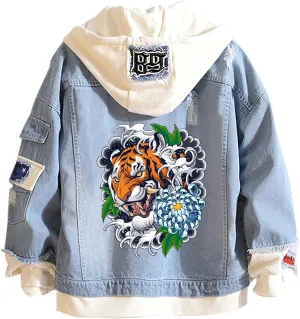 Tiger Denim Hoodies Jean False Two Pieces Denim Jacket Coats Button Down Hoodie Sweatshirts for Teen Adult