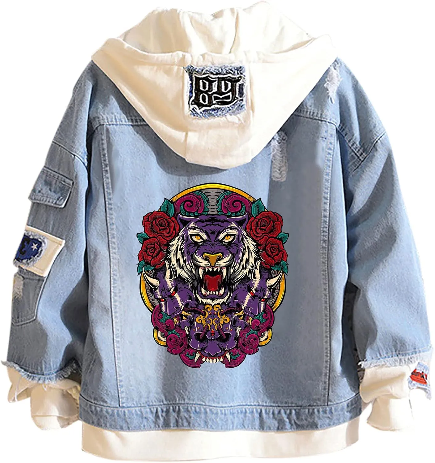 Tiger Denim Hoodies Jean False Two Pieces Denim Jacket Coats Button Down Hoodie Sweatshirts for Teen Adult