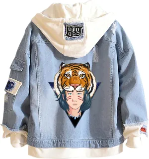Tiger Denim Hoodies Jean False Two Pieces Denim Jacket Coats Button Down Hoodie Sweatshirts for Teen Adult