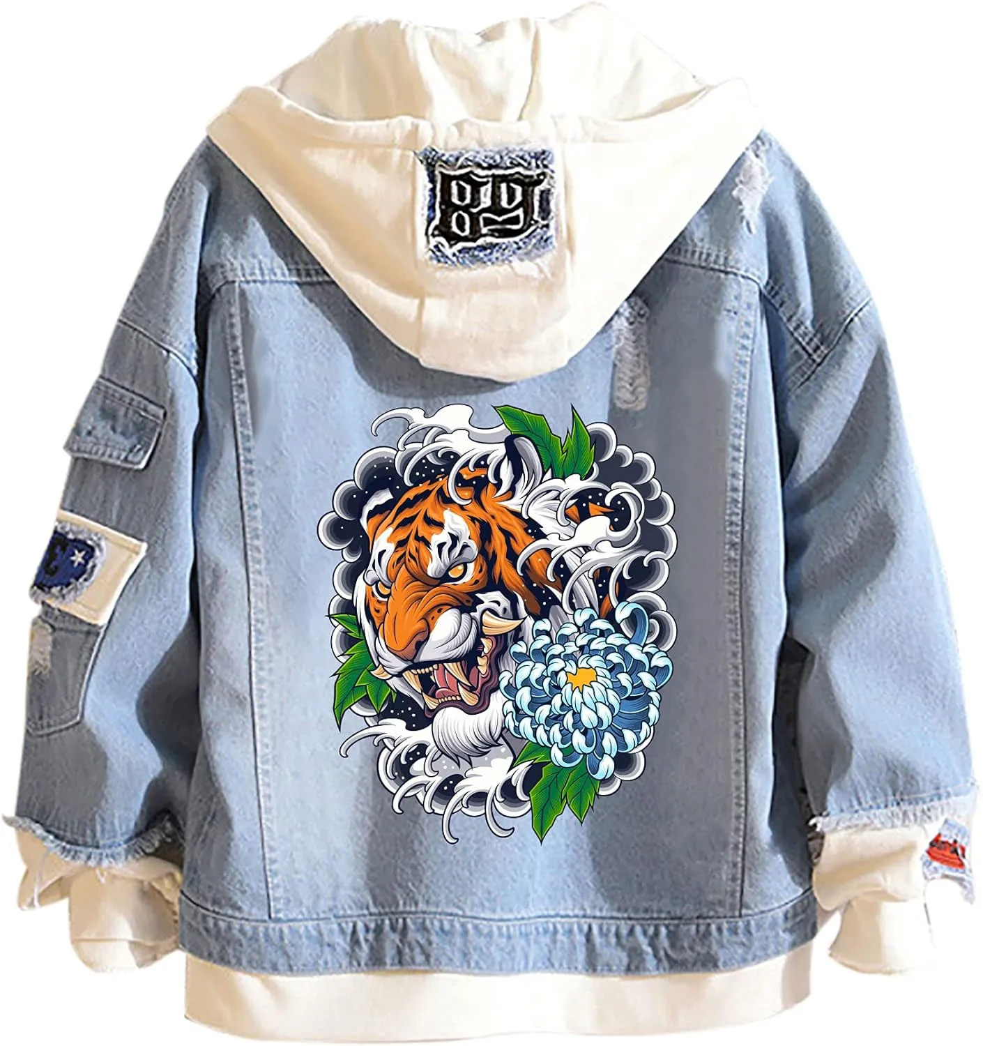 Tiger Denim Hoodies Jean False Two Pieces Denim Jacket Coats Button Down Hoodie Sweatshirts for Teen Adult
