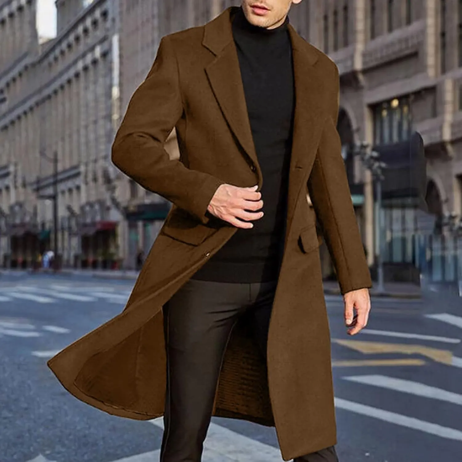 Trench Coat Men Casual Slim Fit Notched Collar Long Jacket Overcoat Single Breasted Pea Coat wih Pockets