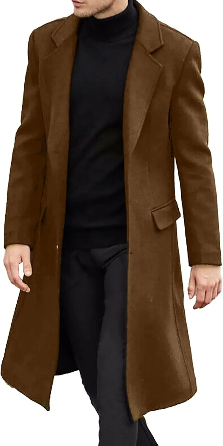 Trench Coat Men Casual Slim Fit Notched Collar Long Jacket Overcoat Single Breasted Pea Coat wih Pockets