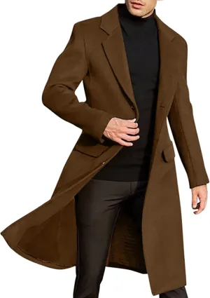 Trench Coat Men Casual Slim Fit Notched Collar Long Jacket Overcoat Single Breasted Pea Coat wih Pockets