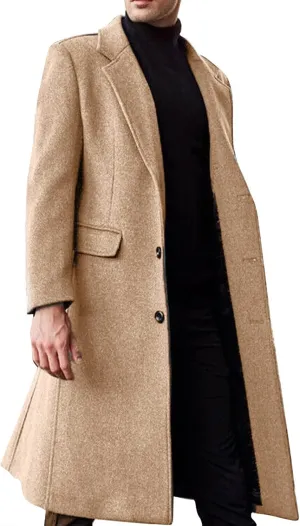Trench Coat Men Casual Slim Fit Notched Collar Long Jacket Overcoat Single Breasted Pea Coat wih Pockets
