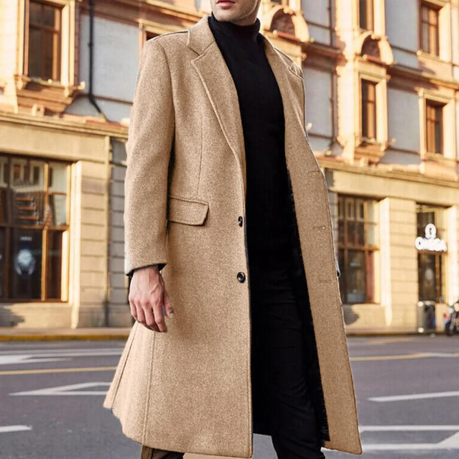Trench Coat Men Casual Slim Fit Notched Collar Long Jacket Overcoat Single Breasted Pea Coat wih Pockets