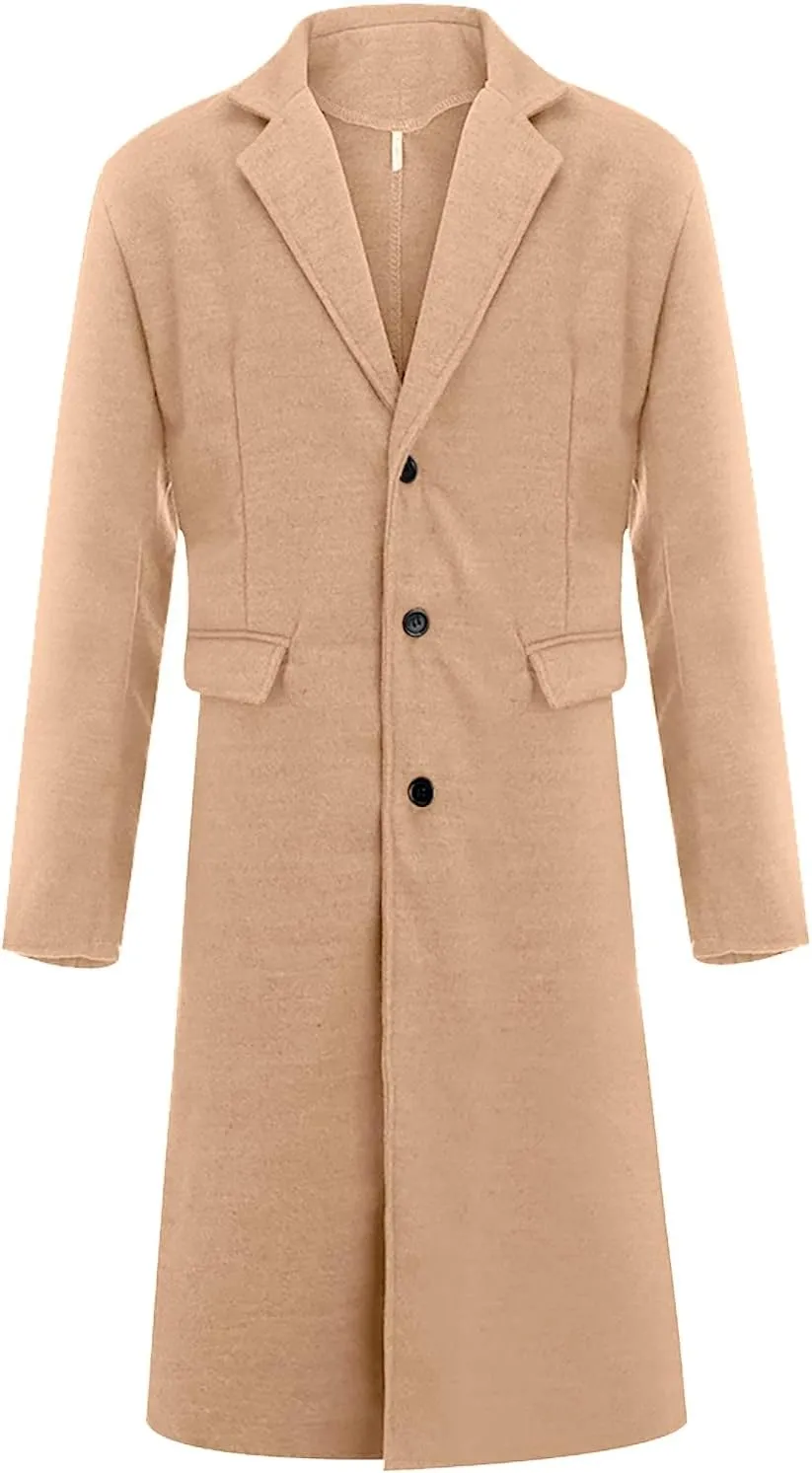 Trench Coat Men Casual Slim Fit Notched Collar Long Jacket Overcoat Single Breasted Pea Coat wih Pockets