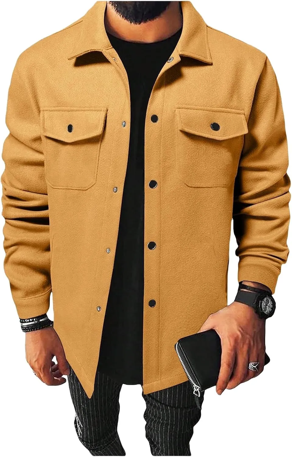 Trench Coat Men Fleece Mid Length Casual Jackets Button Down Plus Size Solid Outwears Fall Winter Windproof Outfits