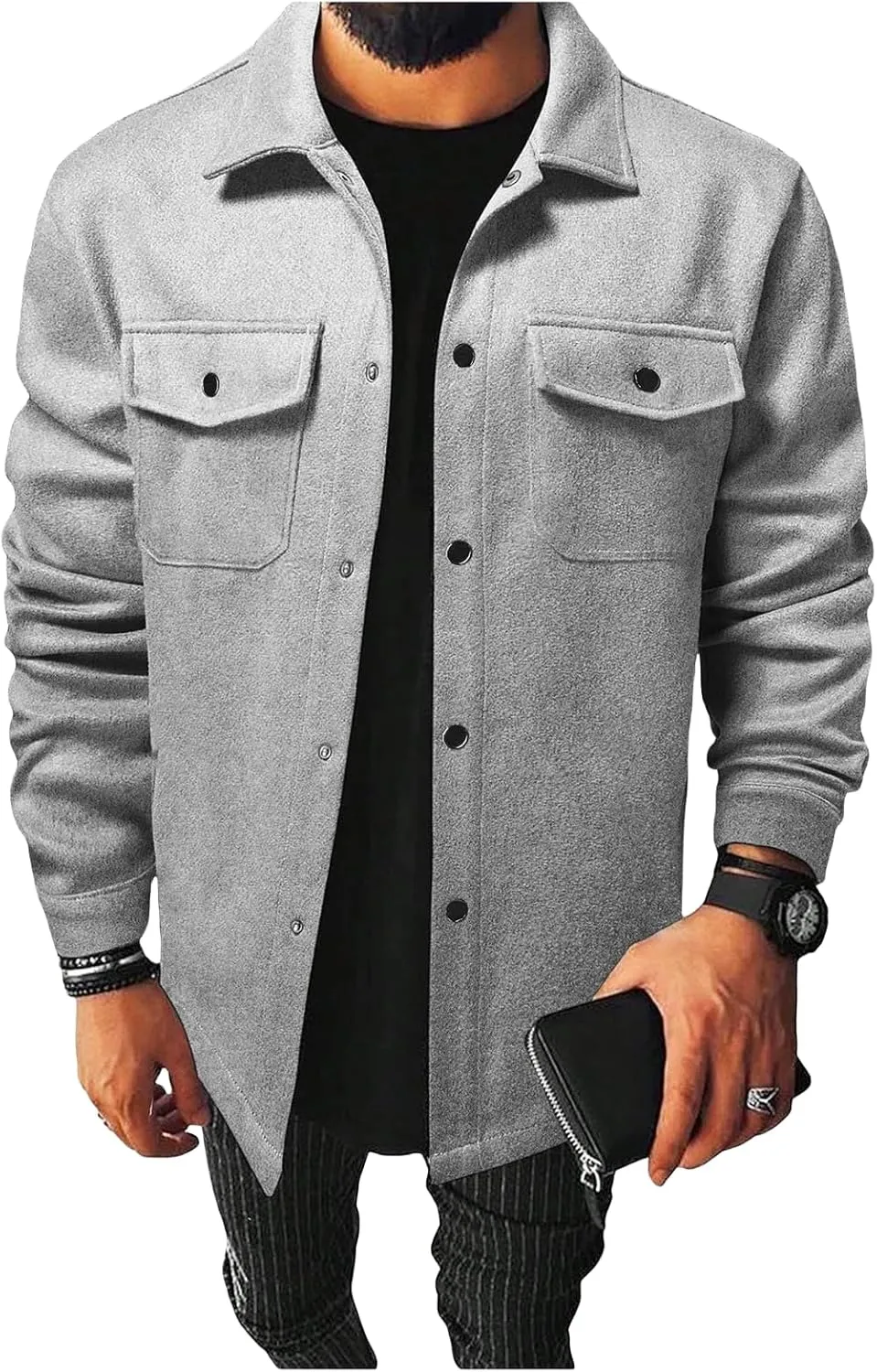 Trench Coat Men Fleece Mid Length Casual Jackets Button Down Plus Size Solid Outwears Fall Winter Windproof Outfits