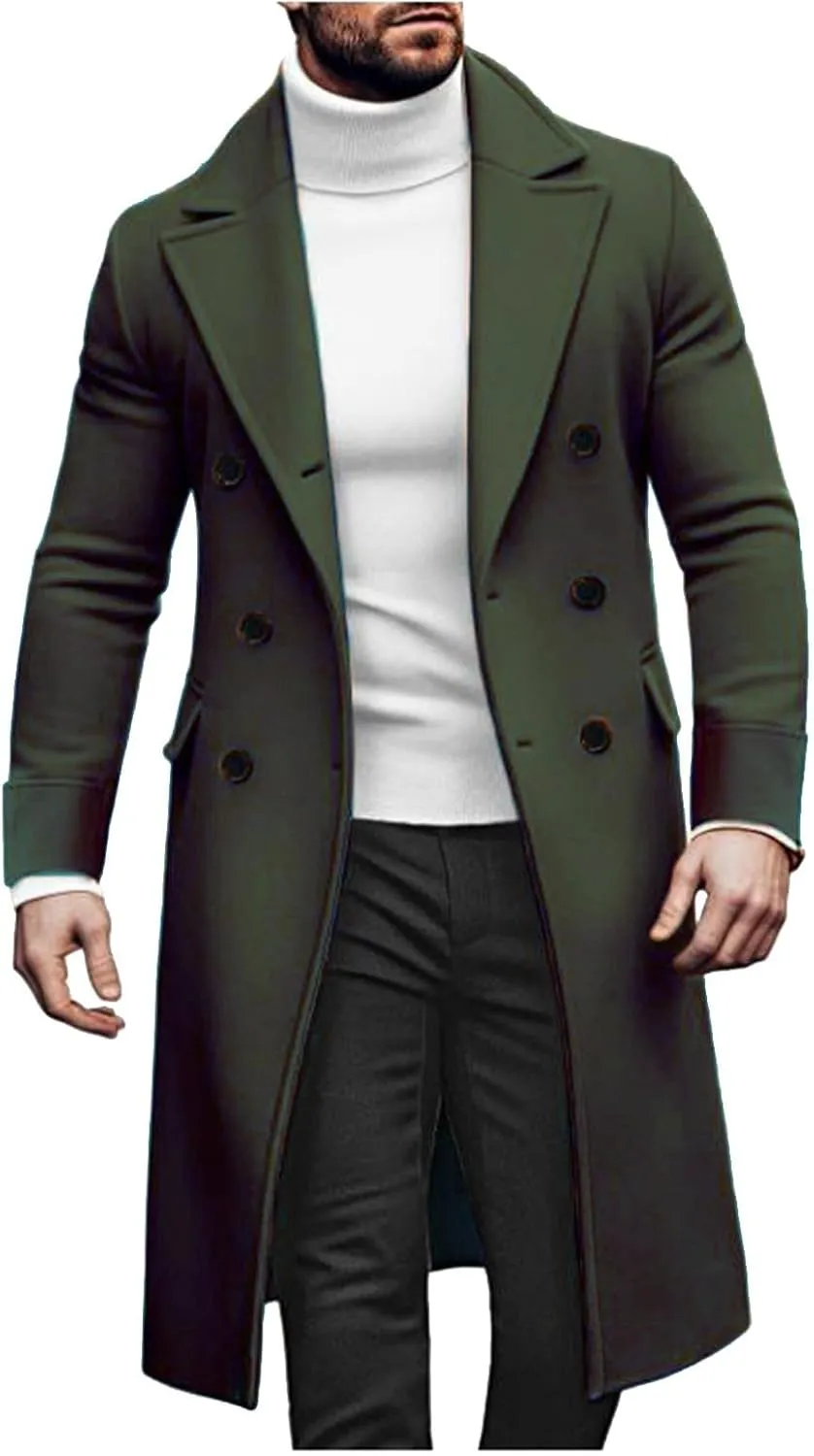 Trench Coat Men Slim Fit Notch Lapel Double Breasted Top Coat Winter Warm Cotton Business Long Jacket Overcoat