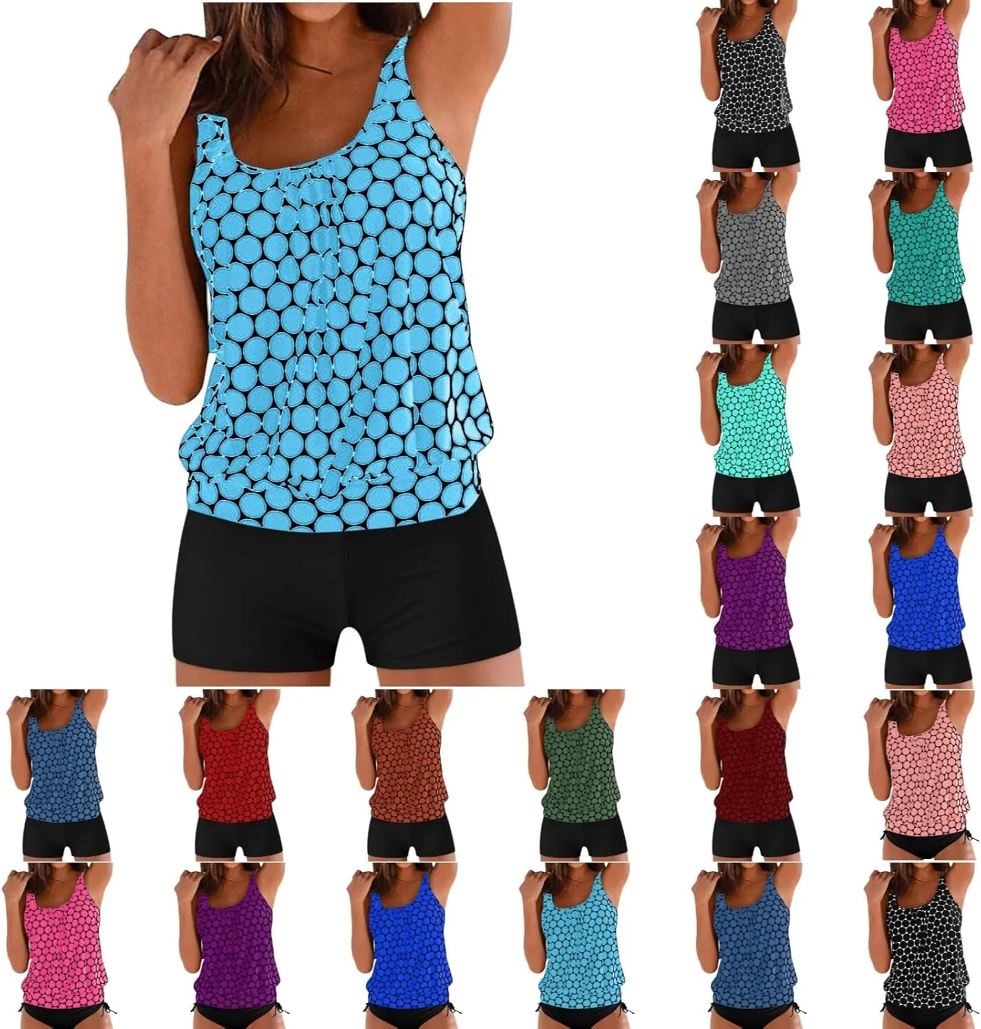 Tummy Control Tankini Swimsuits for Women Plus Size Two Piece Printed Tank Top Swimming Suits with Shorts Athletic Swimwear