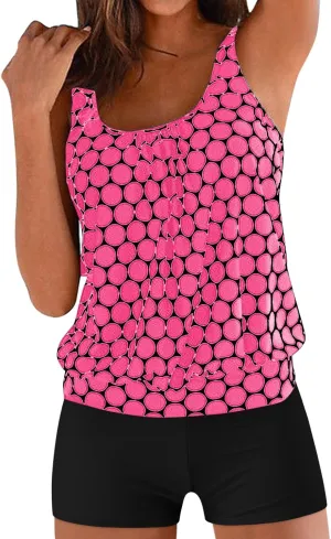 Tummy Control Tankini Swimsuits for Women Plus Size Two Piece Printed Tank Top Swimming Suits with Shorts Athletic Swimwear