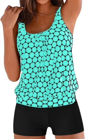 Tummy Control Tankini Swimsuits for Women Plus Size Two Piece Printed Tank Top Swimming Suits with Shorts Athletic Swimwear