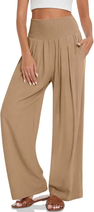 UEU Women's Linen Palazzo Pants Wide Leg High Waisted Lounge Casual Beach Pants with Pockets