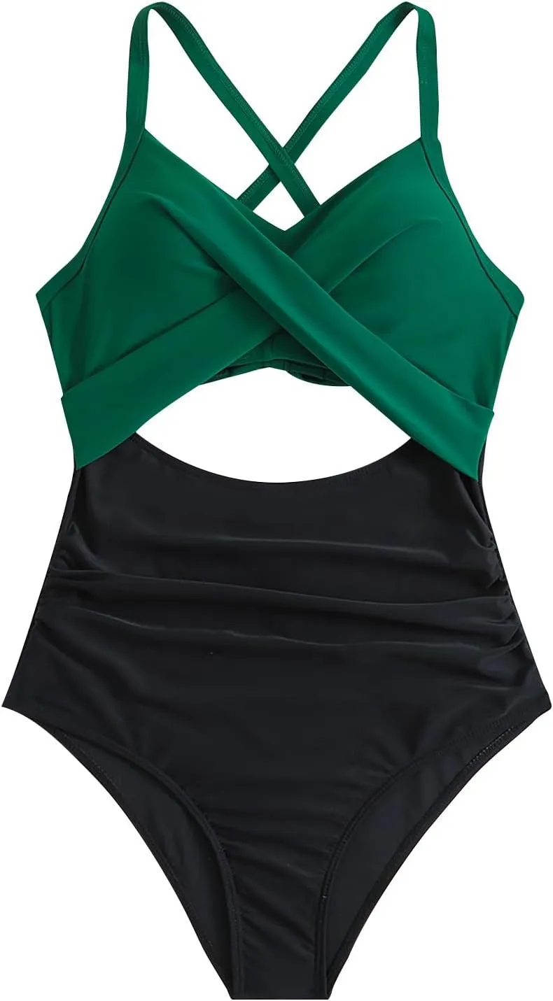 Uillui Women One Piece Swimsuit Tummy Control High Cut Slimming Bathing Suit Sexy Vneck Twist Front Cutout Monikini Swimwear